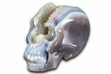 Realistic Polished Banded Agate Skull with Quartz Crystal Pocket #378655-1
